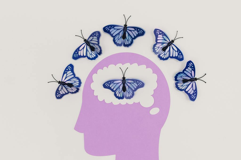 A cutout of a pink head, decorated with blue butterflies.